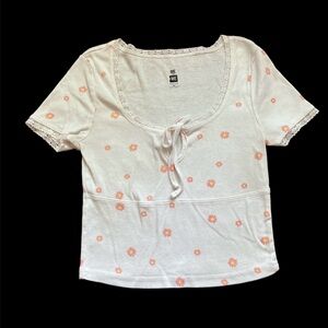 White, Pink, and Yellow Me to We Floral Crop Top With Lace Details and a Cut Out